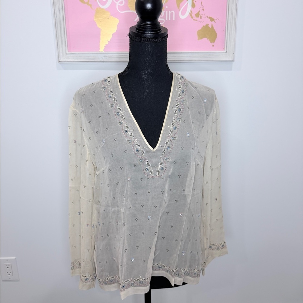 Megan Park Nude Silk Sheer Blouse - Picture 2 of 8